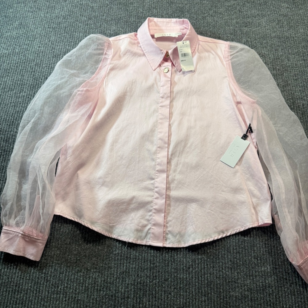 ASTR The Label Blouse Women M Pink Sheer Organza Sleeve Button Up Feminine NWT